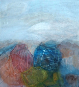 o.T. Rot blau gelbe Landschaft (100x110, 2022)